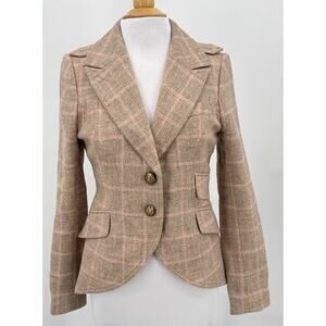SMYTHE Equestrian Beige Pink Plaid Print Virgin Wool Jacket Blazer $800 Size 6